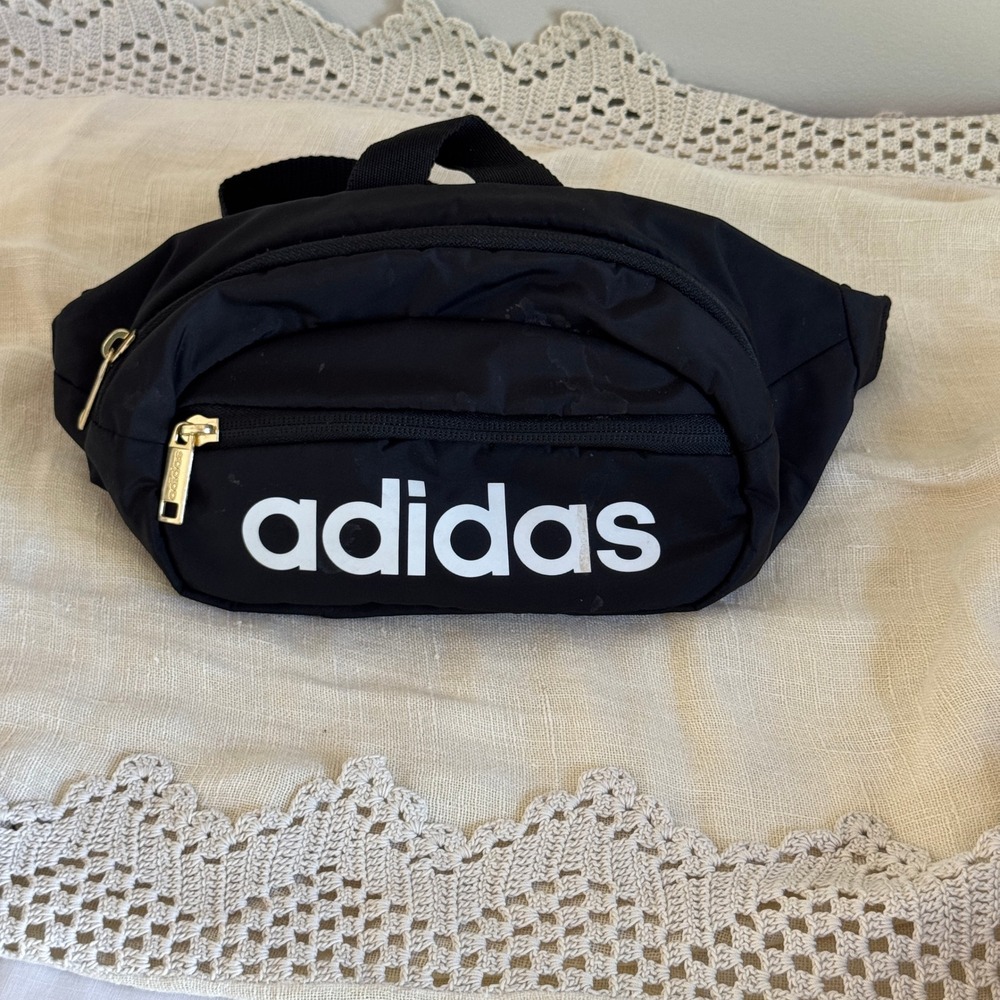 Adidas Black Waist Bag Fanny Pack White Logo Gold Zippers Adjustable Strap